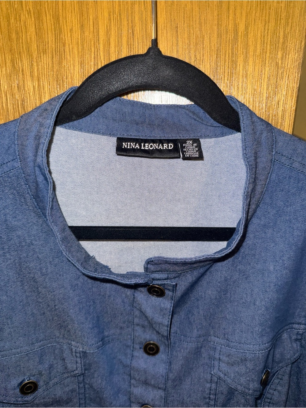 Nina Leonard Denim-Blue Collarless Jean Jacket